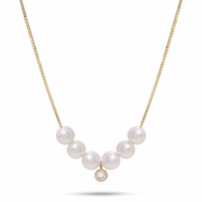 Stylish Element 16-18" Adjustable Akoya White Pearl Necklace in Gold with Diamond - 4.5-5mm