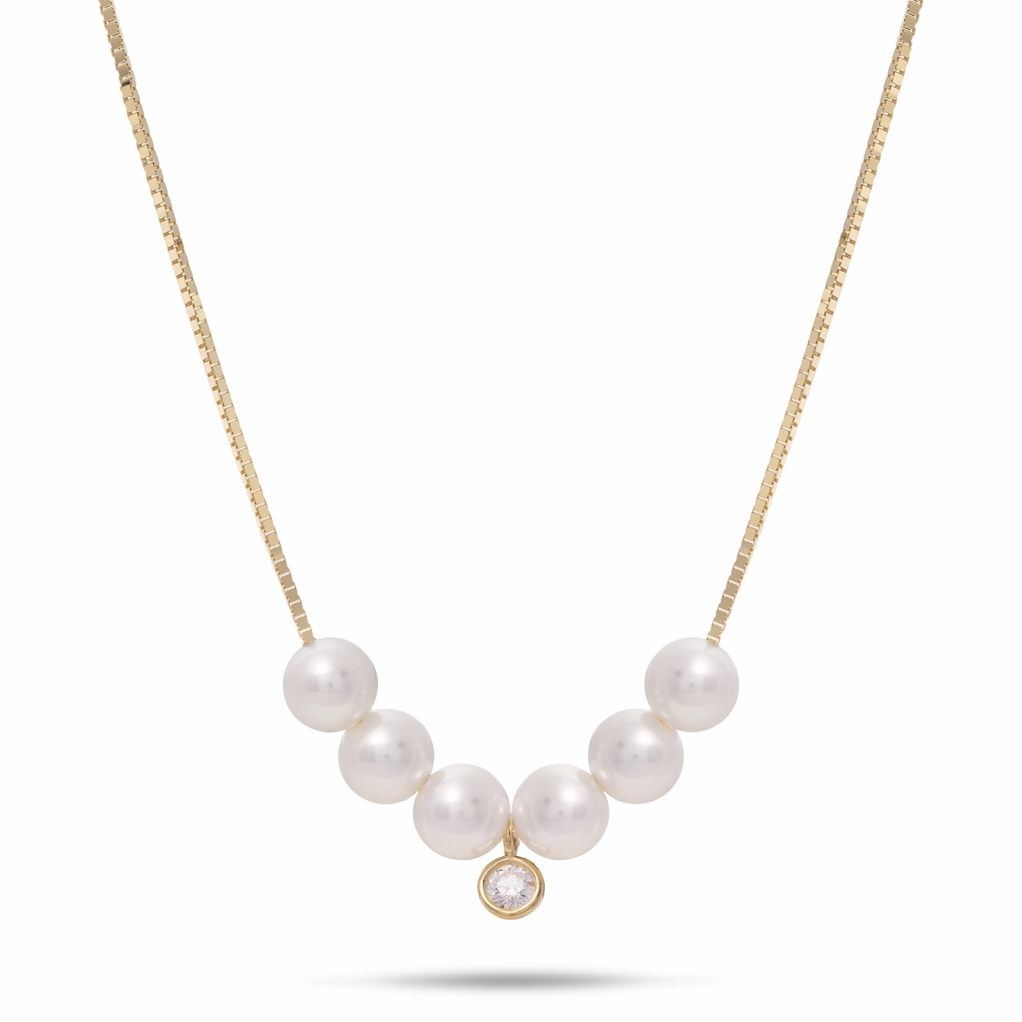 Stylish Element 16-18" Adjustable Akoya White Pearl Necklace in Gold with Diamond - 4.5-5mm