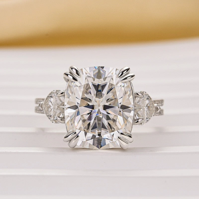 Radiant Style Smooth Finish Moissanite 6.0Ct Cushion Cut Three Stone Engagement Ring In Sterling Silver
