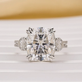 Moissanite 6.0Ct Cushion Cut Three Stone Engagement Ring In Sterling Silver Distinctive Detailing