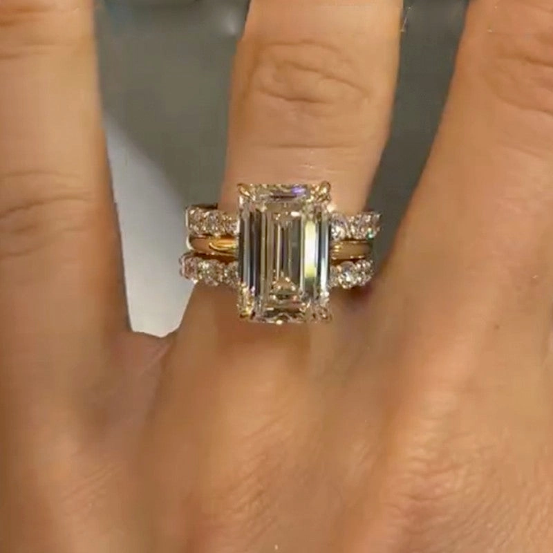 3PC 5.0Ct Emerald Cut Wedding Ring Set With Two Open Wedding Bands Luxe Essentials Engagement Accent