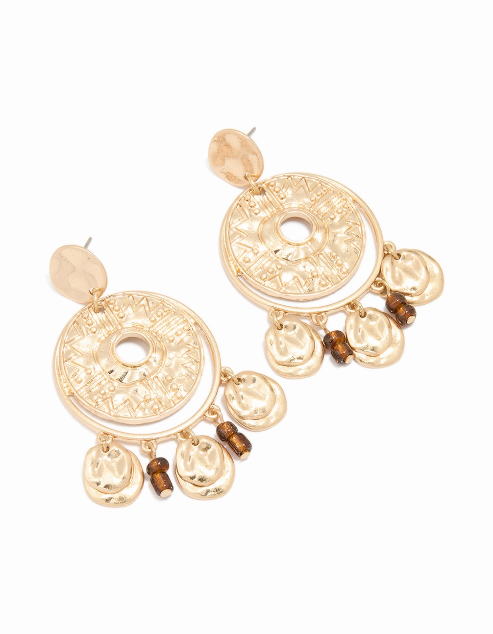 Antique Gold Brown Beaded Textured Circle Drop Earrings Soft Vibe Casual Pair