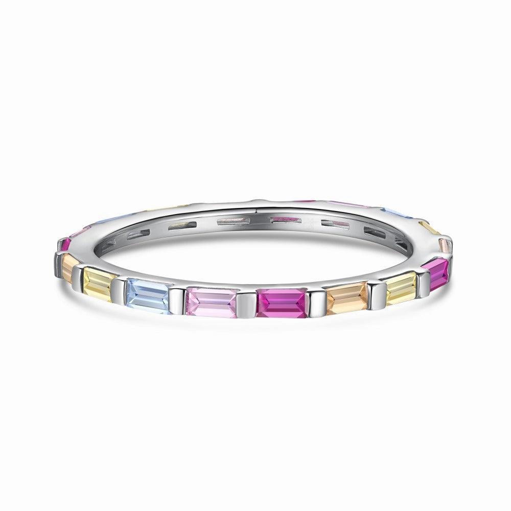 Classic Detail Sterling Silver Multicolor Baguette Eternity Band