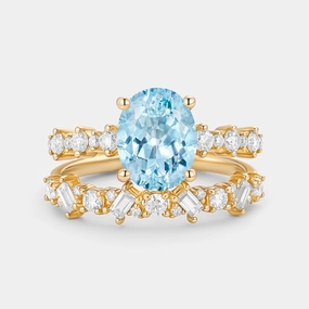 Timeless Contour Casual Shine Oval Cut Aquamarine Classic Cluster Ring Set 2pcs