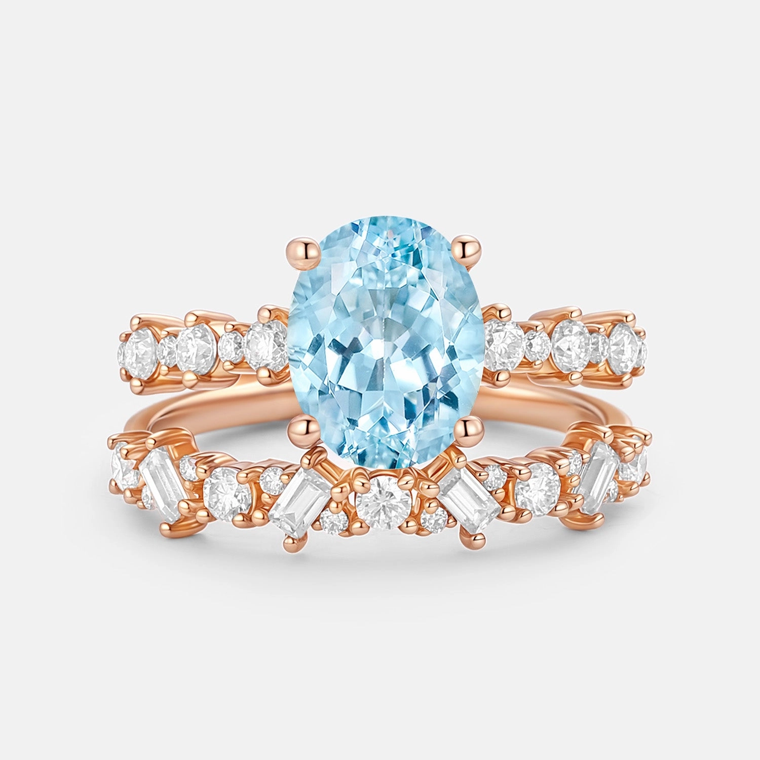 Oval Cut Aquamarine Classic Cluster Ring Set 2pcs Street Detail