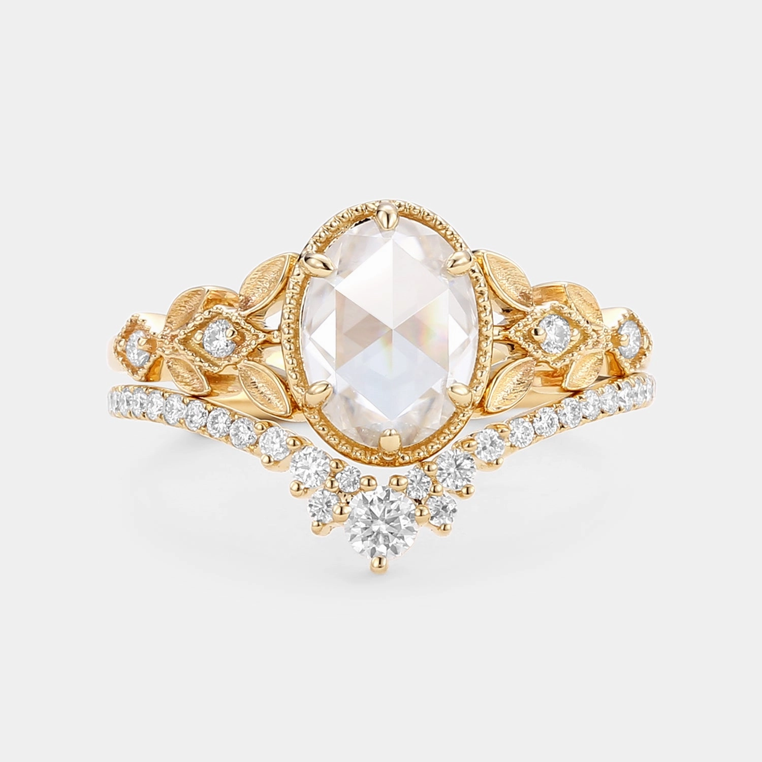 Finest Form Rose Cut Oval Moissanite Leafy Vintage Gold Ring Set 2pcs - Selene