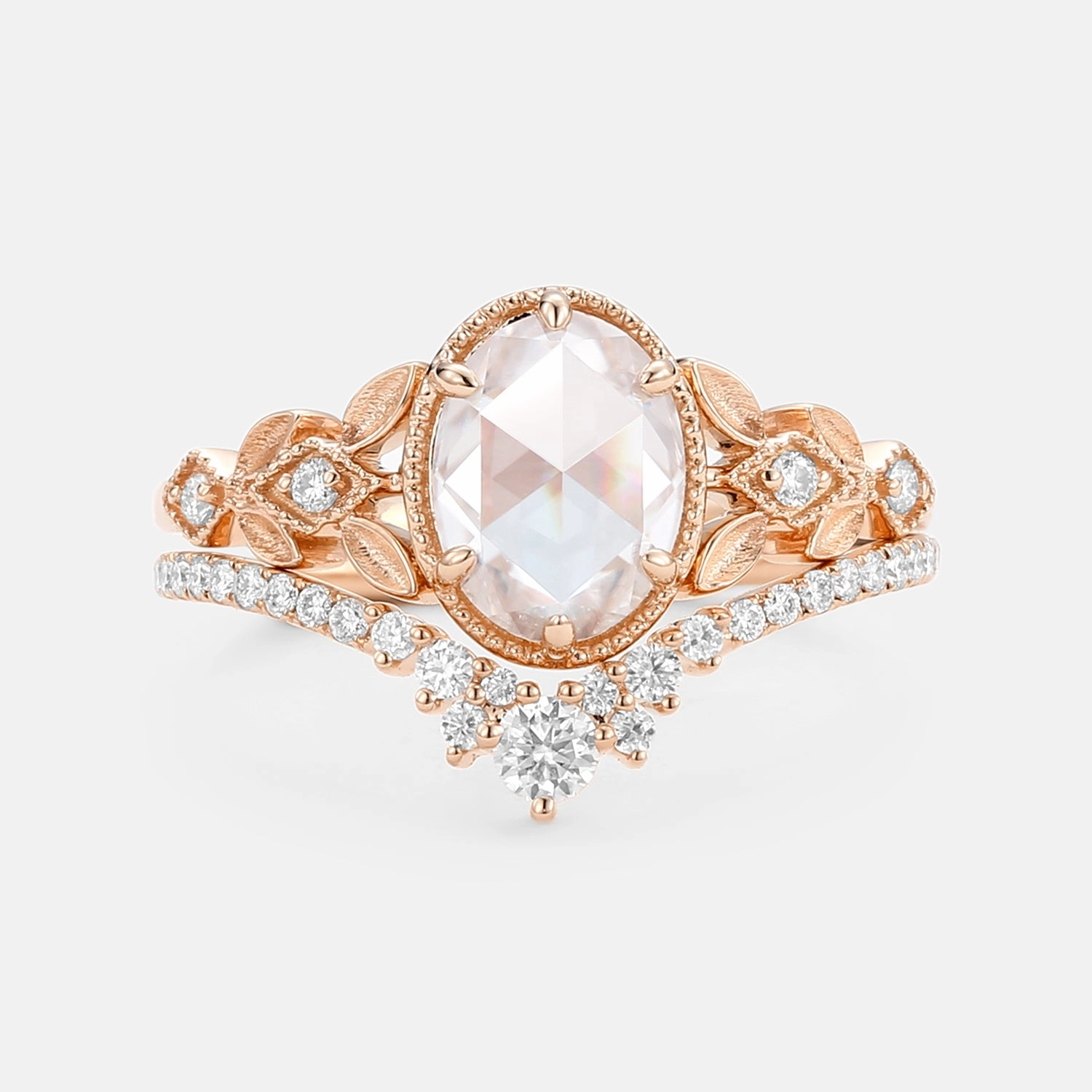 Effortless Piece Rose Cut Oval Moissanite Leafy Vintage Gold Ring Set 2pcs - Selene
