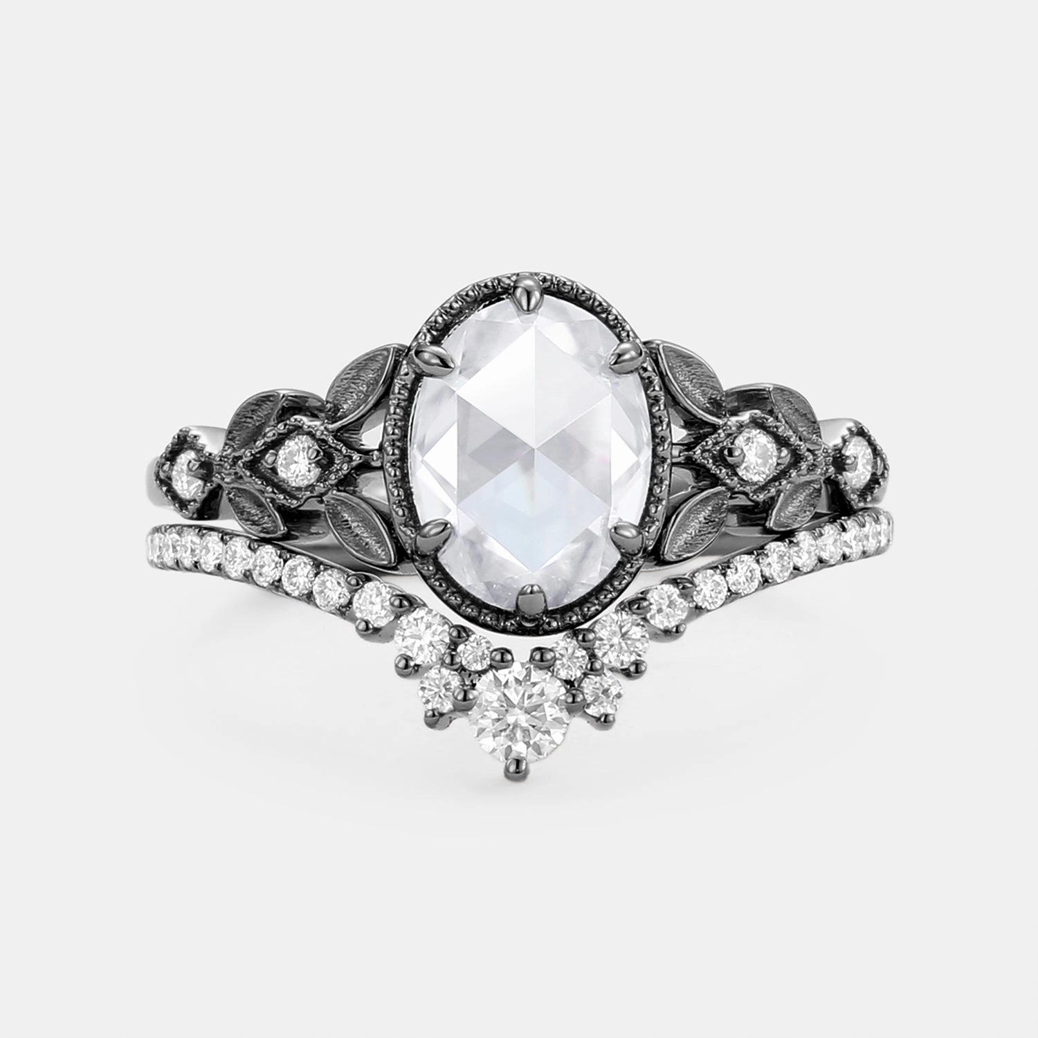 Rose Cut Oval Moissanite Leafy Vintage Gold Ring Set 2pcs - Selene Fashion Essential