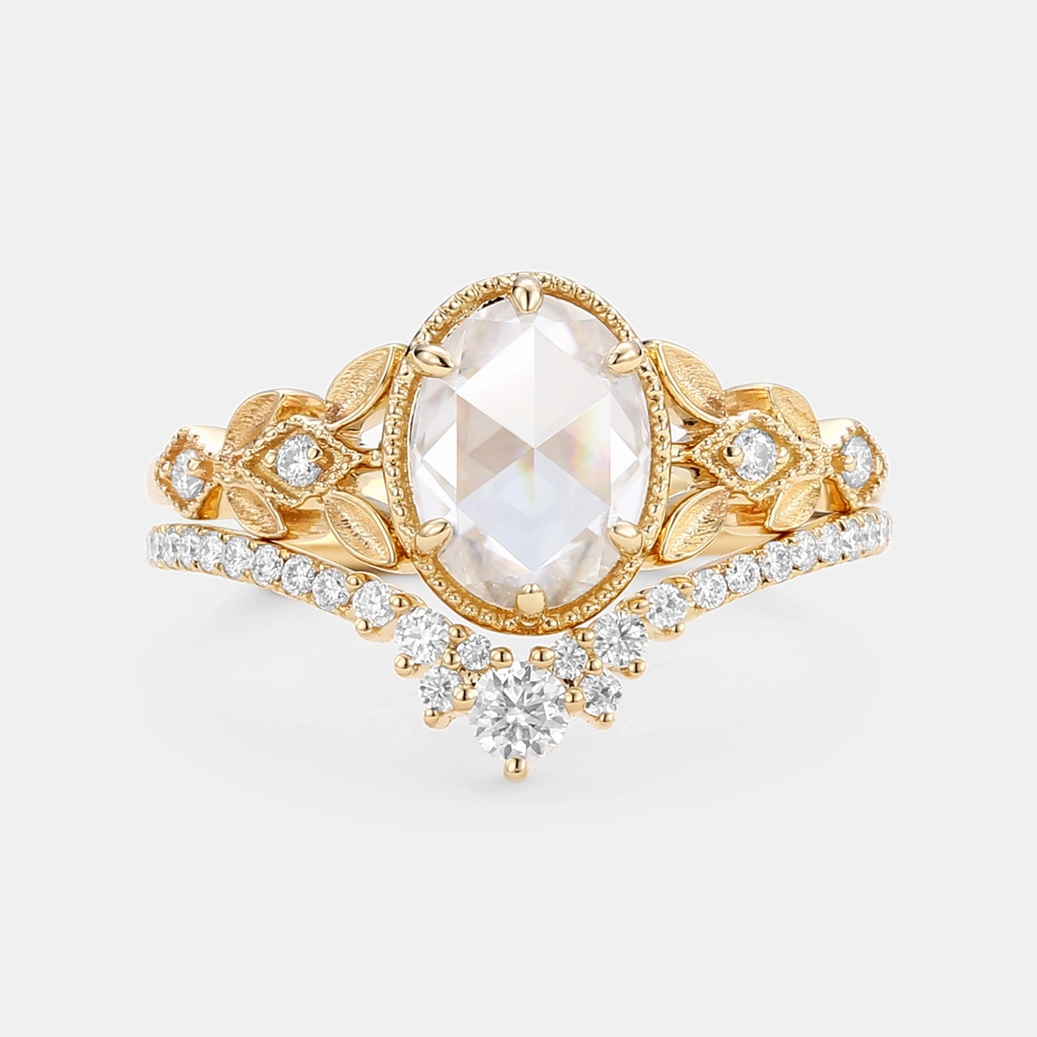 Elegant Spark Rose Cut Oval Moissanite Leafy Vintage Gold Ring Set 2pcs - Selene