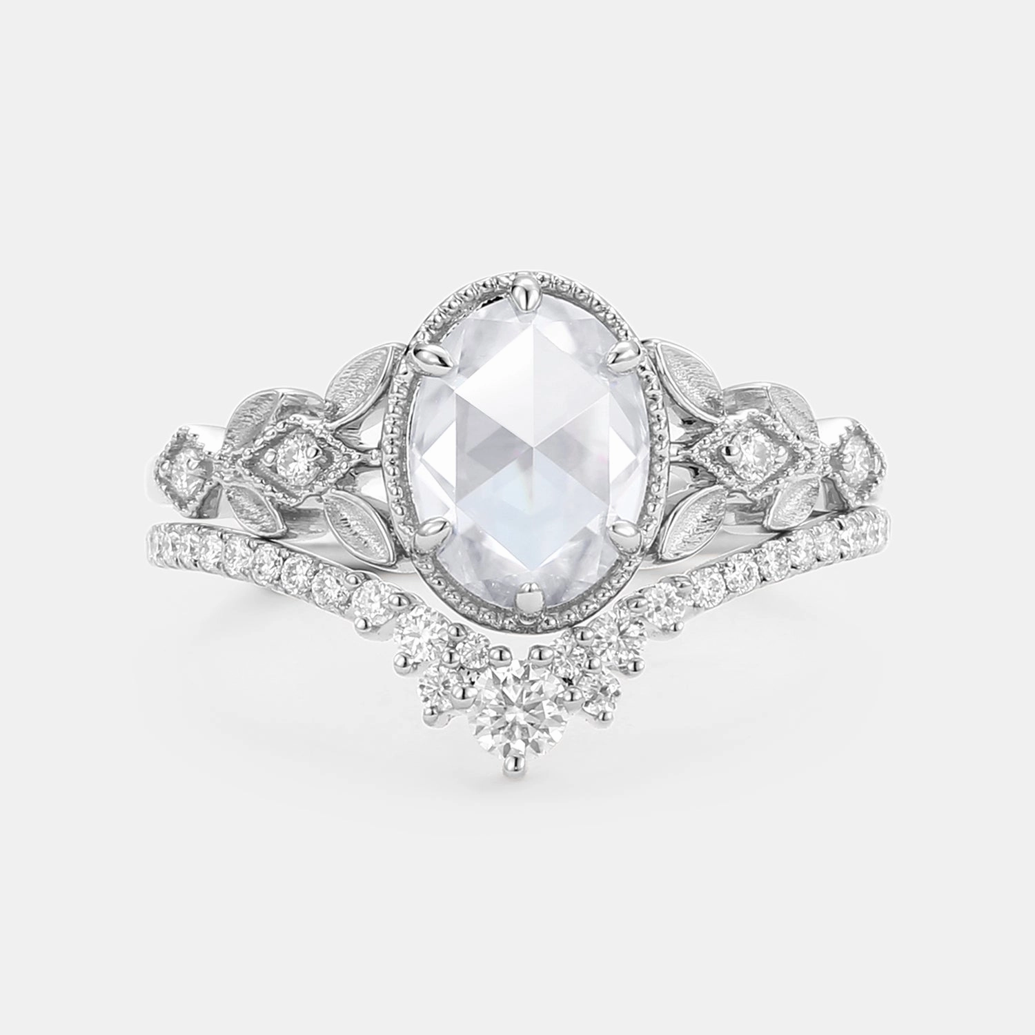 Elegant flair Rose Cut Oval Moissanite Leafy Vintage Gold Ring Set 2pcs - Selene