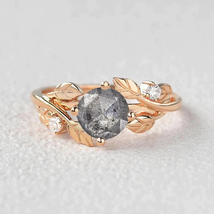 Vibrant Edge Flawless Radiance Rose Cut Round Salt and Pepper Diamonds Leaf Engagement Ring