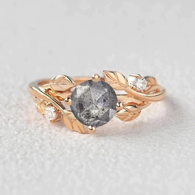 Vibrant Edge Flawless Radiance Rose Cut Round Salt and Pepper Diamonds Leaf Engagement Ring