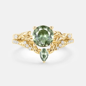 Round Cut Lab Green Sapphire Leafy Engagement Ring Set 2pcs - Canopy Custom Jewelry Design