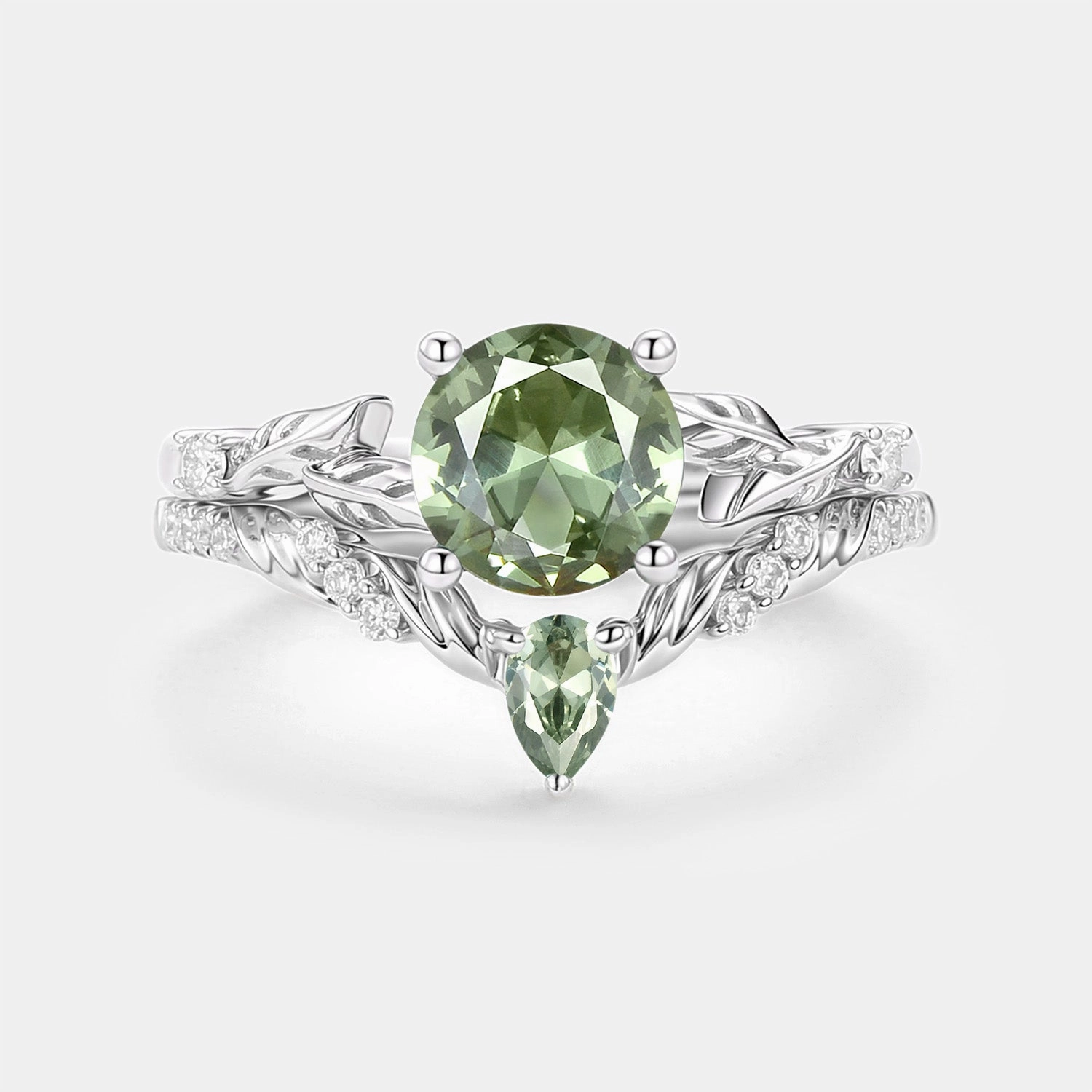 Urban Style Round Cut Lab Green Sapphire Leafy Engagement Ring Set 2pcs - Canopy
