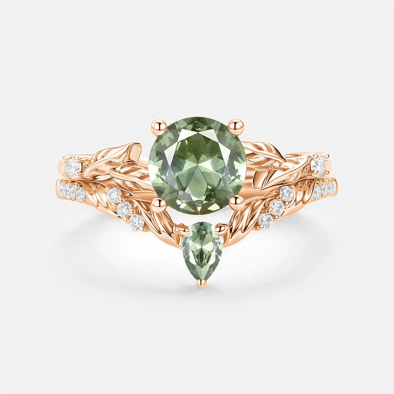 Round Cut Lab Green Sapphire Leafy Engagement Ring Set 2pcs - Canopy Casual Wear Distinct Look
