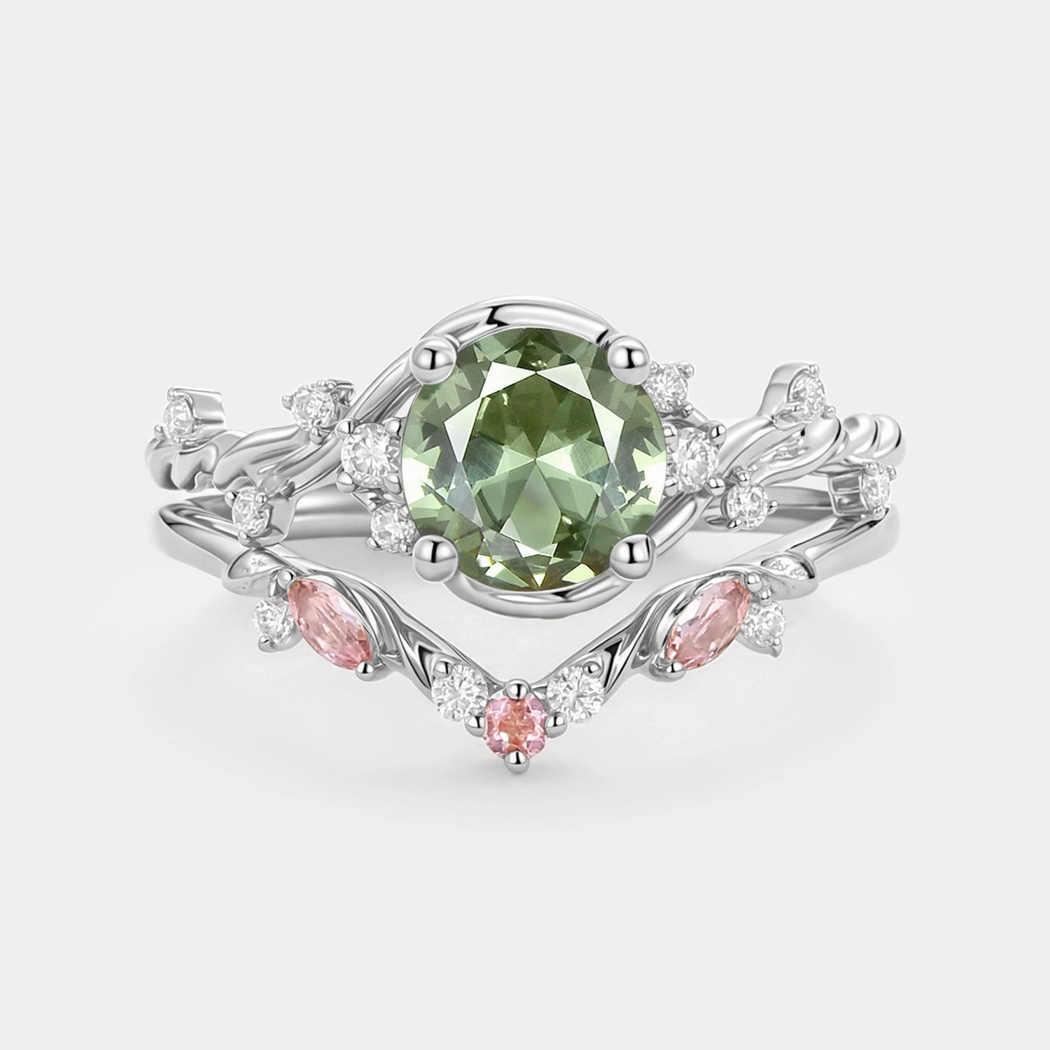 Round Cut Lab Green Sapphire Leafy Engagement Ring Set 2pcs - Verdi Seasonal Look