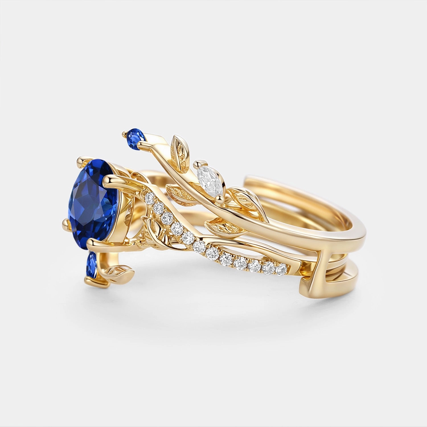 Bridal Accessory Round Cut Lab Sapphire Leafy Cage Engagement Ring Set 2pcs - Calyx