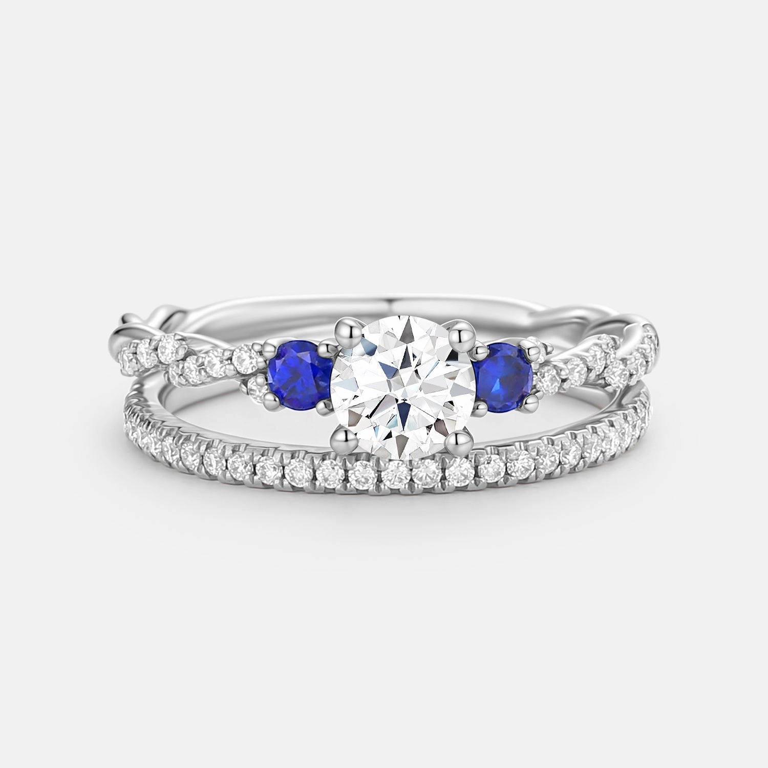 Expressive Edge Round Cut Moissanite & Lab Sapphire Cluster Engagement Ring Set 2pcs - Clara