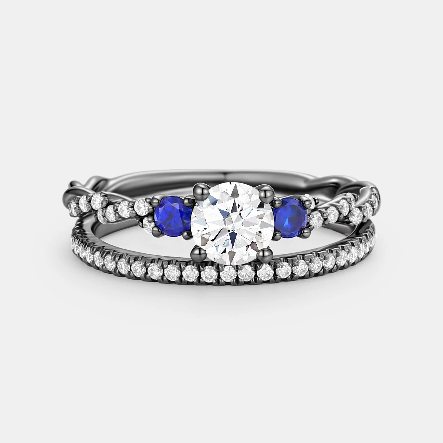 Timeless Craft Shine Round Cut Moissanite & Lab Sapphire Cluster Engagement Ring Set 2pcs - Clara