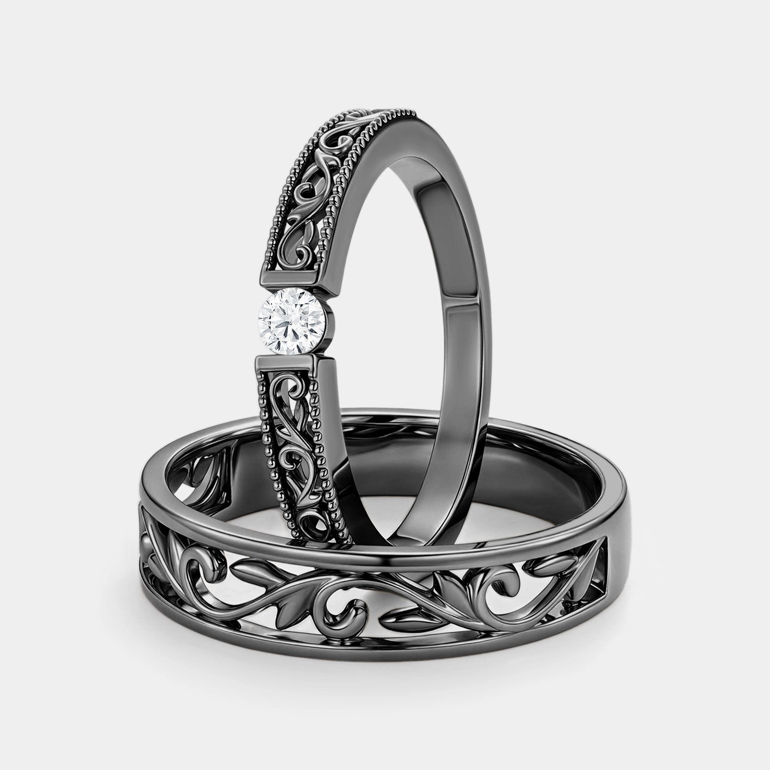 Round Cut Moissanite Couple Ring Set 2pcs - Ashley Clean Lines