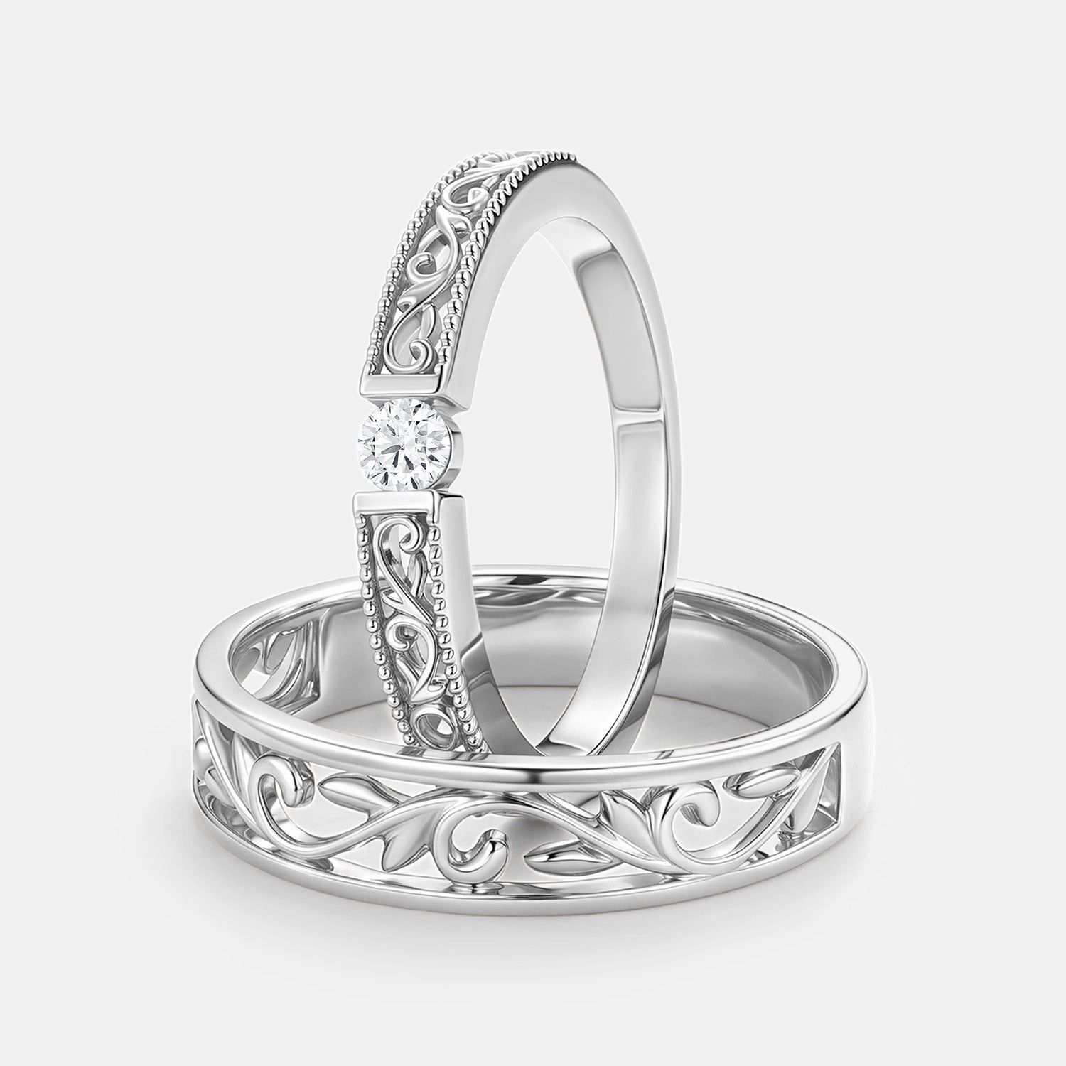 Round Cut Moissanite Couple Ring Set 2pcs - Ashley Camera Focus Premium Piece