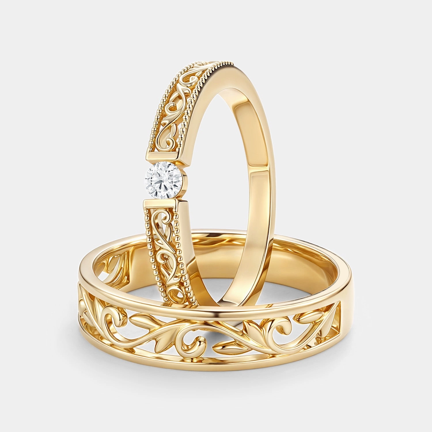 Round Cut Moissanite Couple Ring Set 2pcs - Ashley Sparkling finish