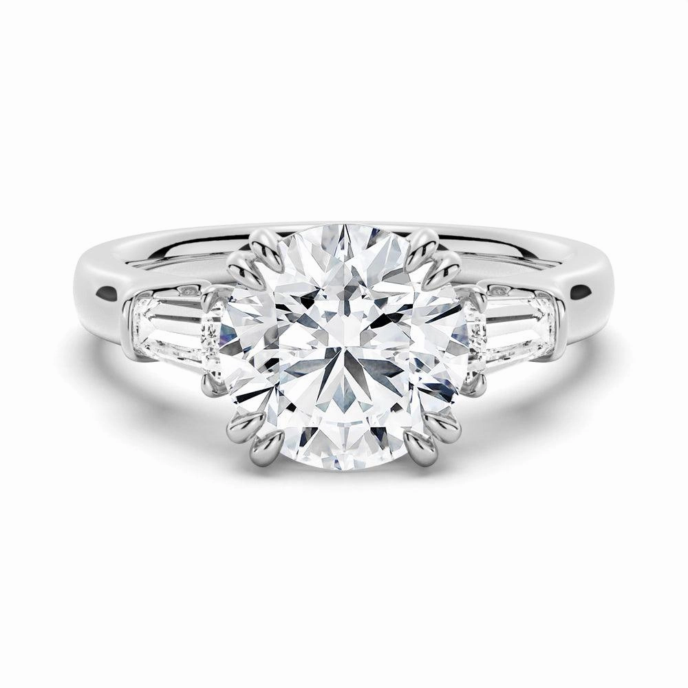 Romantic Style Round Cut Moissanite Engagement Ring with Tapered Baguette Side Stones