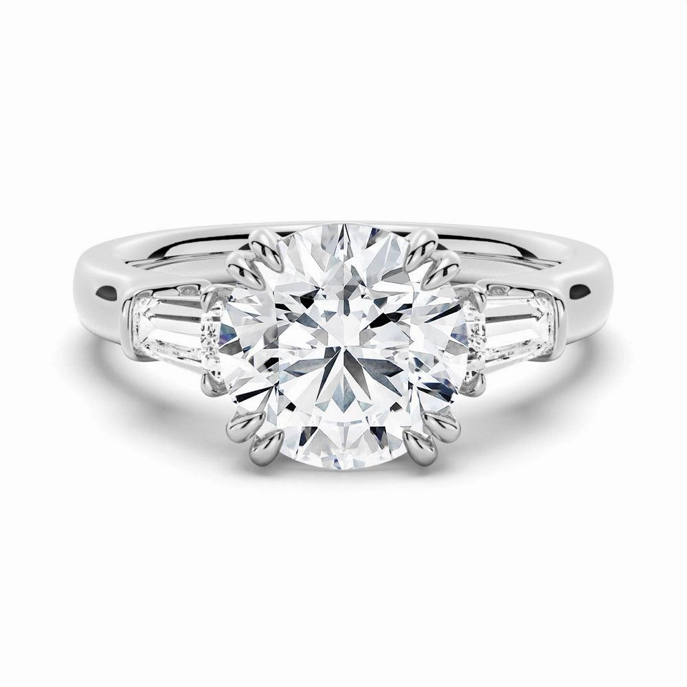 Sophisticated Glow Trendy Touch Round Cut Moissanite Engagement Ring with Tapered Baguette Side Stones