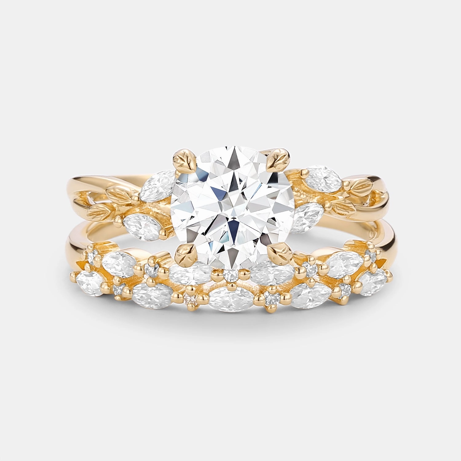 Photo Focus Round Cut Moissanite Leafy Cluster Engagement Ring Set 2pcs