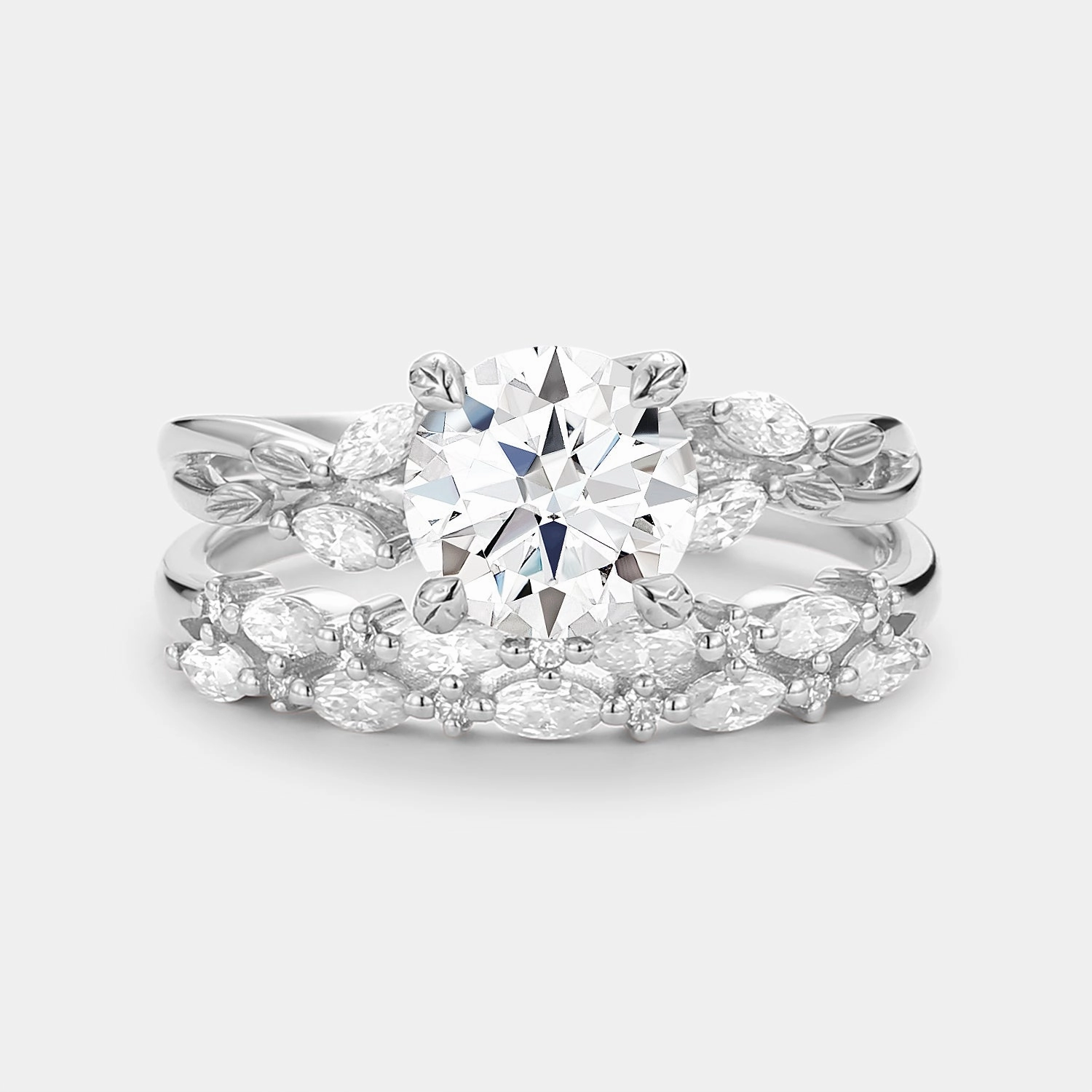 Dazzling Detail Round Cut Moissanite Leafy Cluster Engagement Ring Set 2pcs