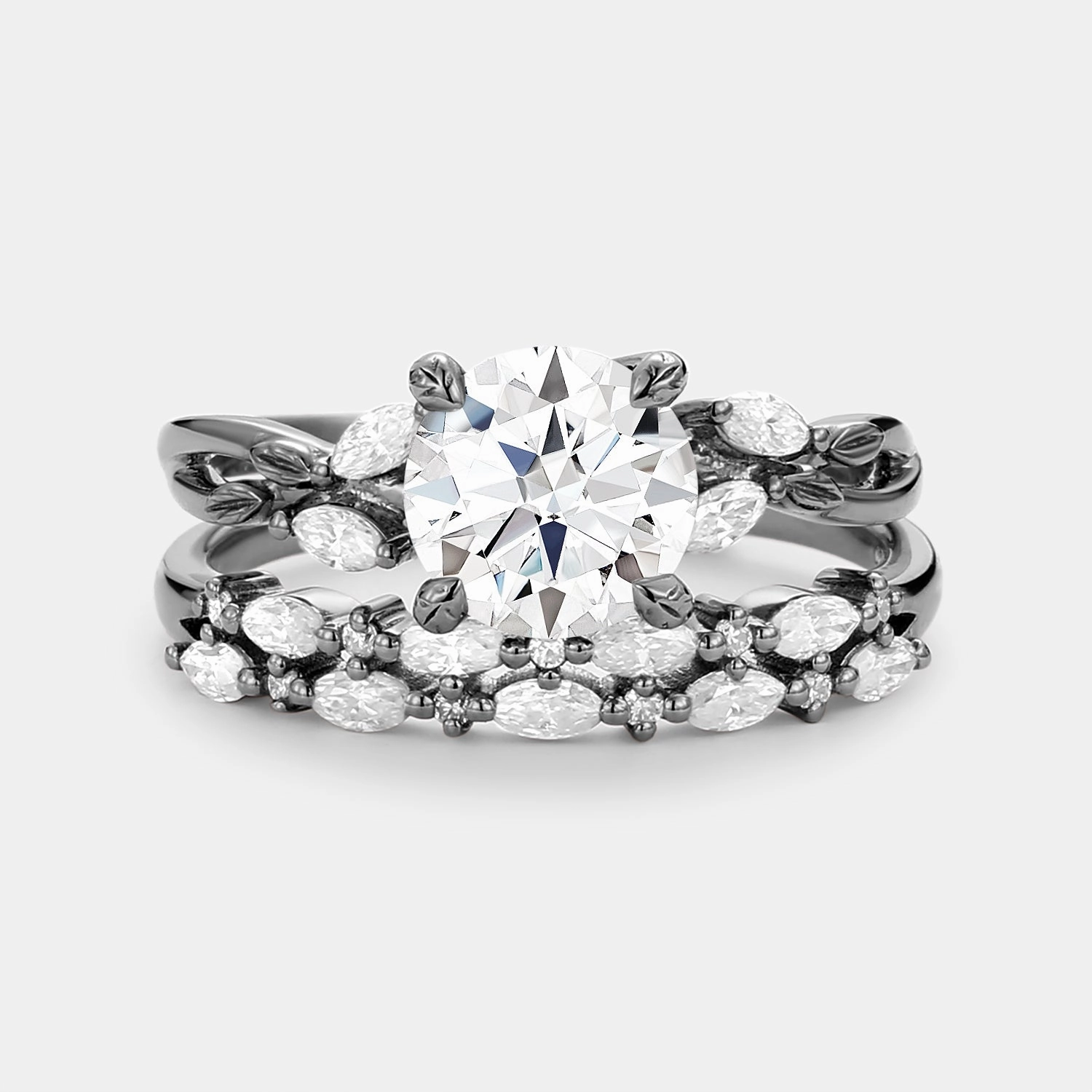 Cultural Touch Bold Glance Round Cut Moissanite Leafy Cluster Engagement Ring Set 2pcs