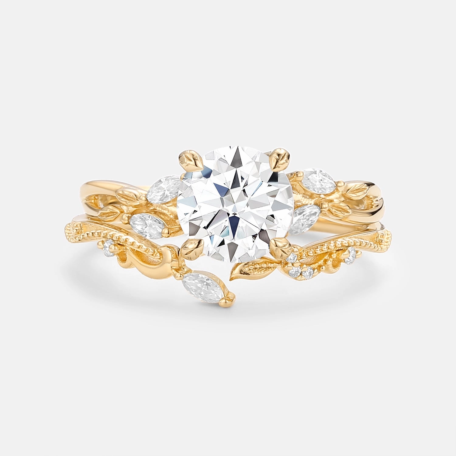 Sleek Touch Bridal Look Round Cut Moss Agate Leafy Engagement Ring Set 2pcs