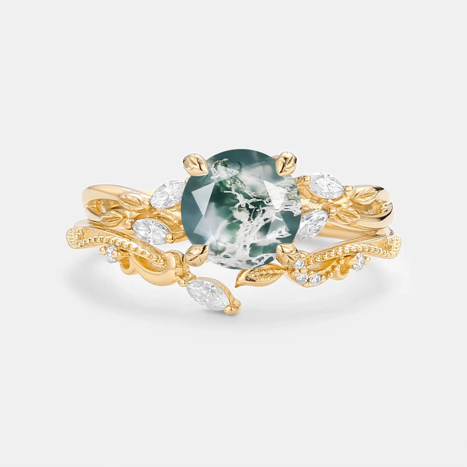 Modern Minimal Luminous Glow Round Cut Moss Agate Leafy Engagement Ring Set 2pcs