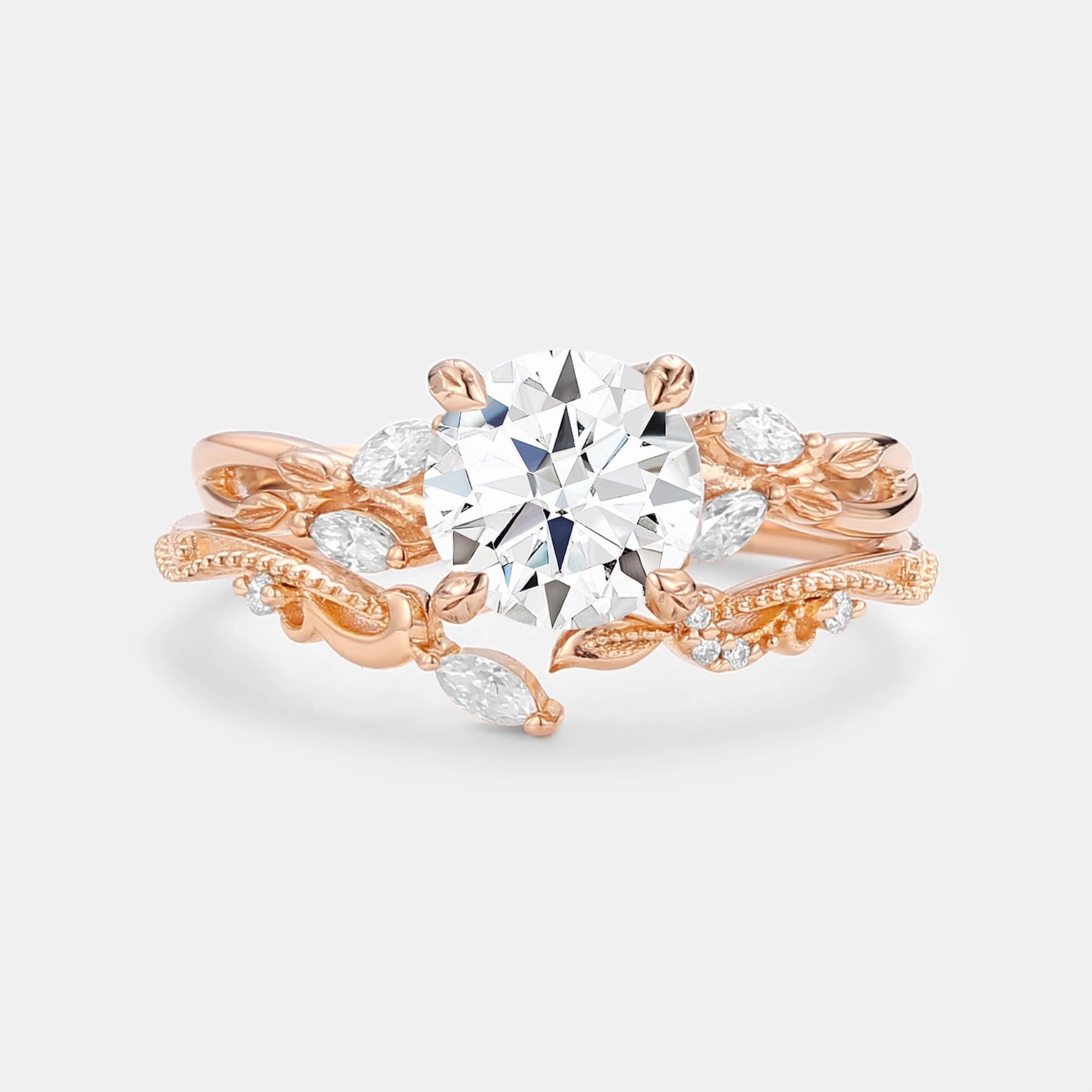 Round Cut Moss Agate Leafy Engagement Ring Set 2pcs Smooth Finish Smooth Feature