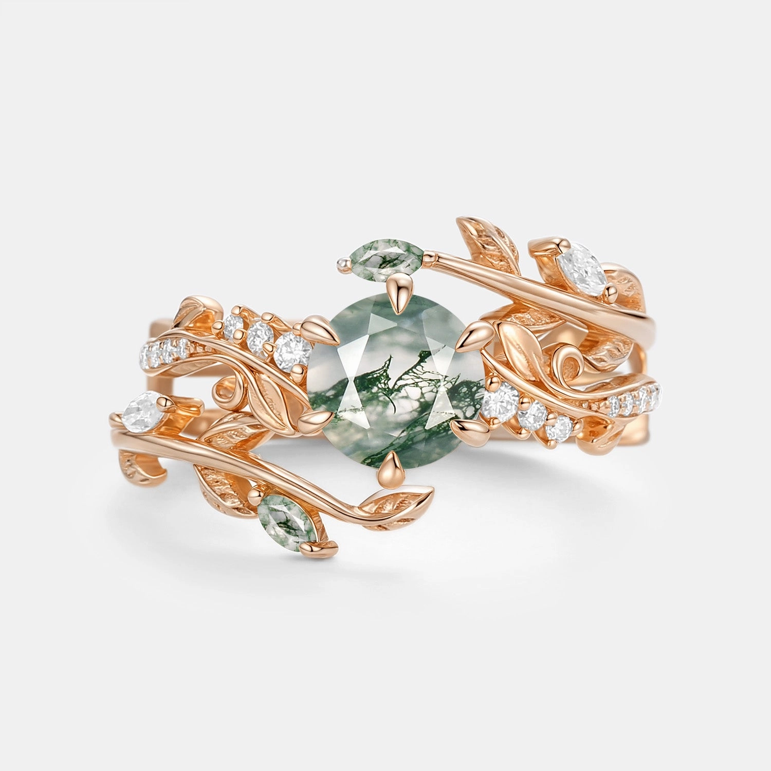 Round Cut Vine Moss Agate Engagement Ring Sets 2pcs - Twine Highlight Moment
