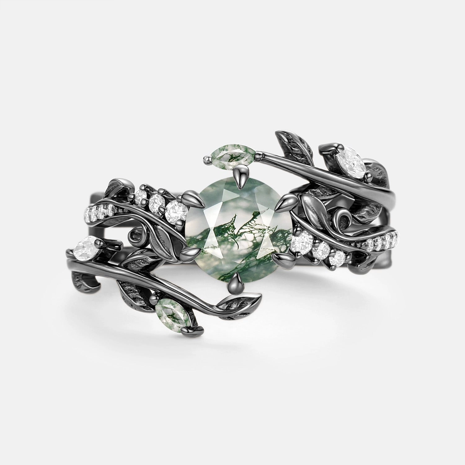 Round Cut Vine Moss Agate Engagement Ring Sets 2pcs - Twine Layer Ready Chic Pulse