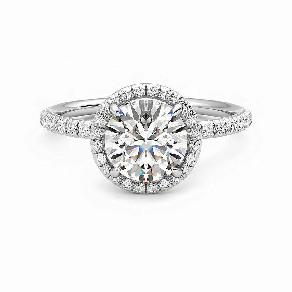 Bold Pop Round Halo Moissanite Engagement Ring with Hidden Anniversary Stone Accent
