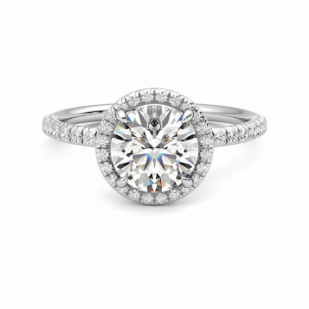 Shiny Finish Delicate Craft Round Halo Moissanite Engagement Ring with Hidden Anniversary Stone Accent