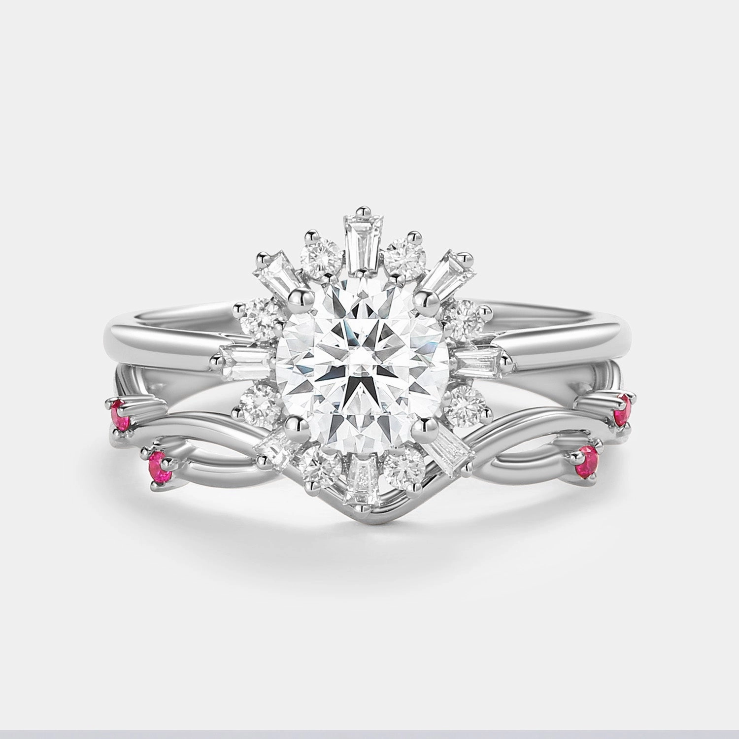 Round Moissanite & Ruby Halo Floral Ring Set 2pcs - Sol Layered Glow Natural Sparkle