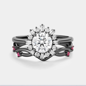 Artisan Crafted Textured Accent Round Moissanite & Ruby Halo Floral Ring Set 2pcs - Sol