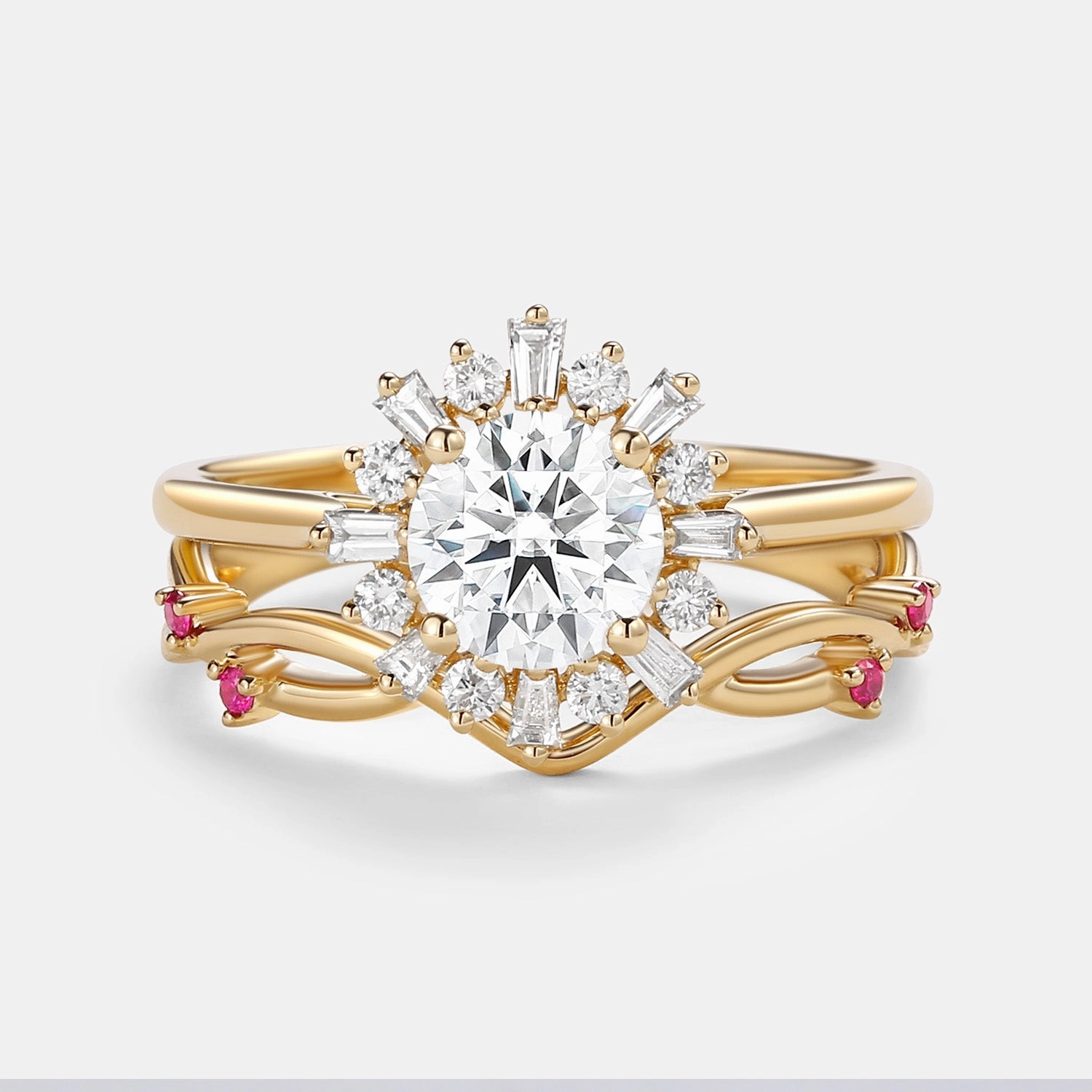 Luxury Highlight Subtle Glamour Round Moissanite & Ruby Halo Floral Ring Set 2pcs - Sol