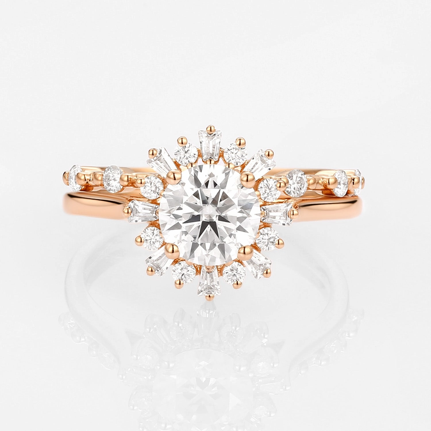 Round Moissanite Halo Floral Ring Set 2pcs - Sol Charming Detail Everyday Highlight