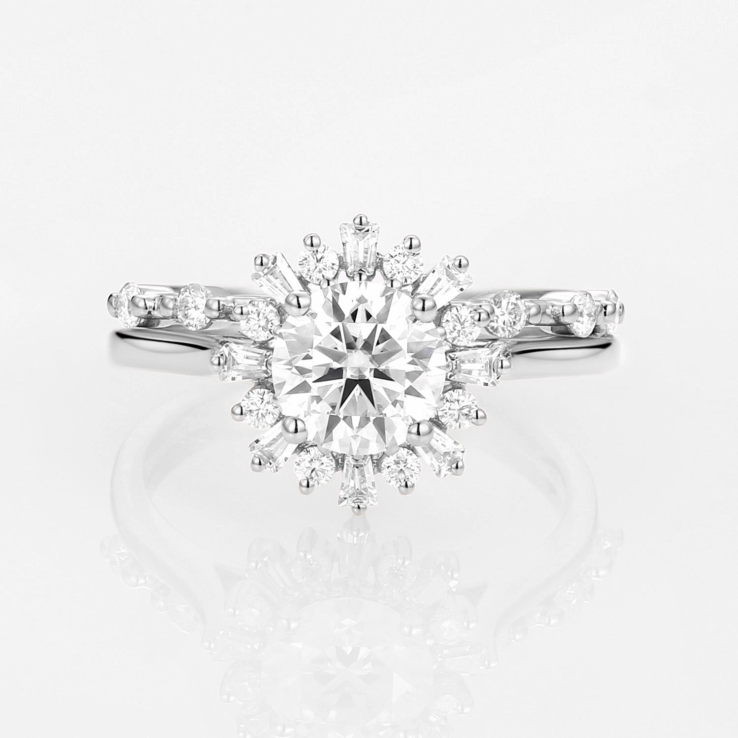 Round Moissanite Halo Floral Ring Set 2pcs - Sol Sparkle Vibe