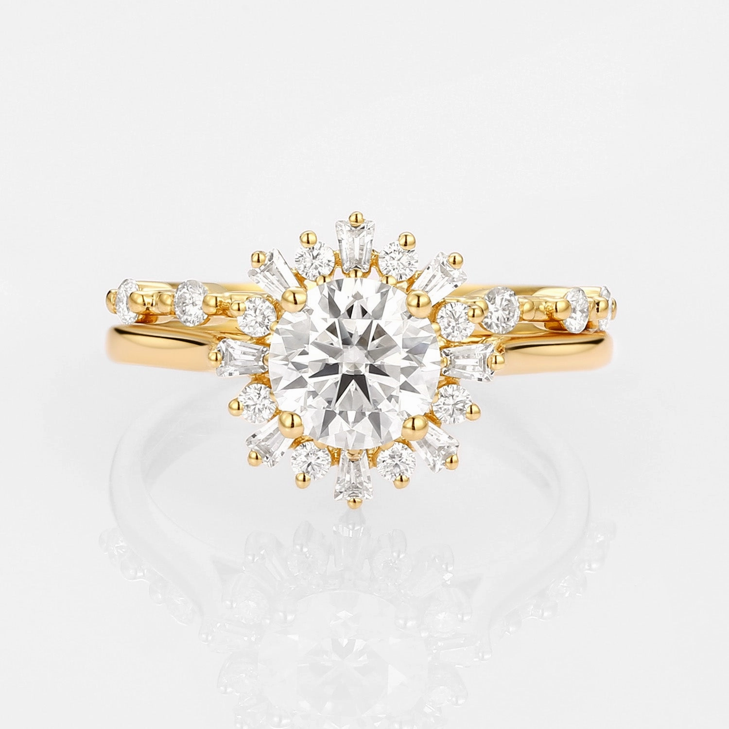 Bright Accent Round Moissanite Halo Floral Ring Set 2pcs - Sol