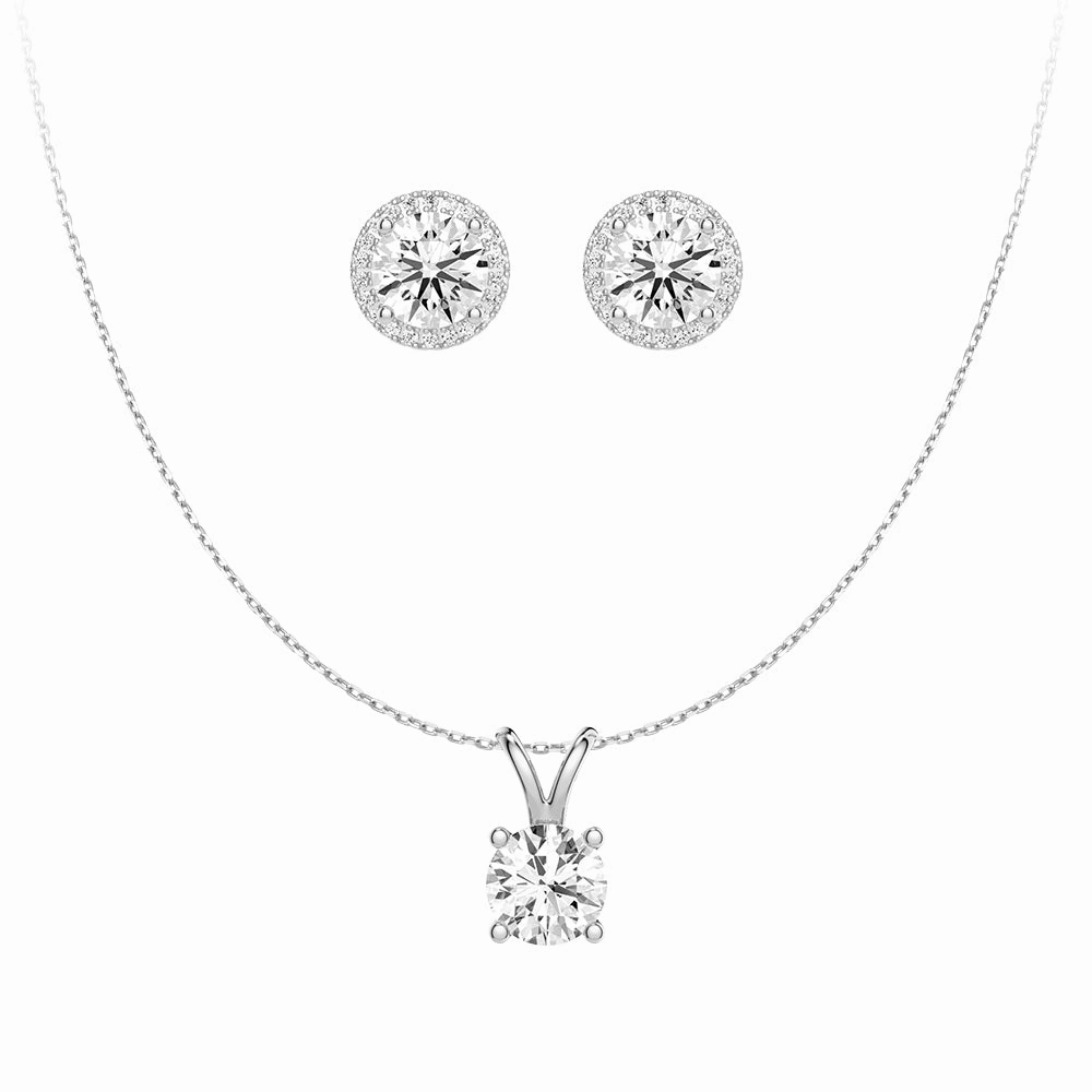 Radiant Jewelry Refined Flow Round Moissanite Solitaire V Bale Pendant With Pav?? Halo Stud Earrings