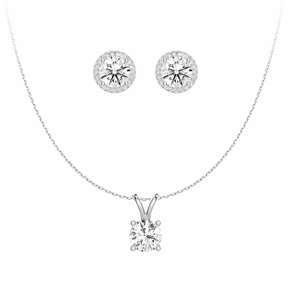 Cocktail Hour Round Moissanite Solitaire V Bale Pendant With Pav?? Halo Stud Earrings