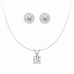 Cocktail Hour Round Moissanite Solitaire V Bale Pendant With Pav?? Halo Stud Earrings