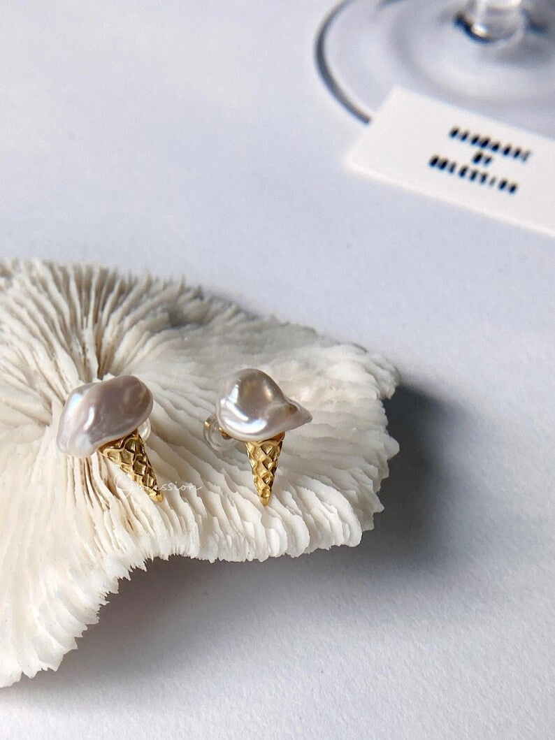 Futuristic item Abstract Item Melting Ice Cream Cone Baroque Pearl Stud Earrings 18K | Ice Cream Waffle Baroque Pearl Stud, Waffle Gelato Earstud, Minimalist Pearl Statement Earrings
