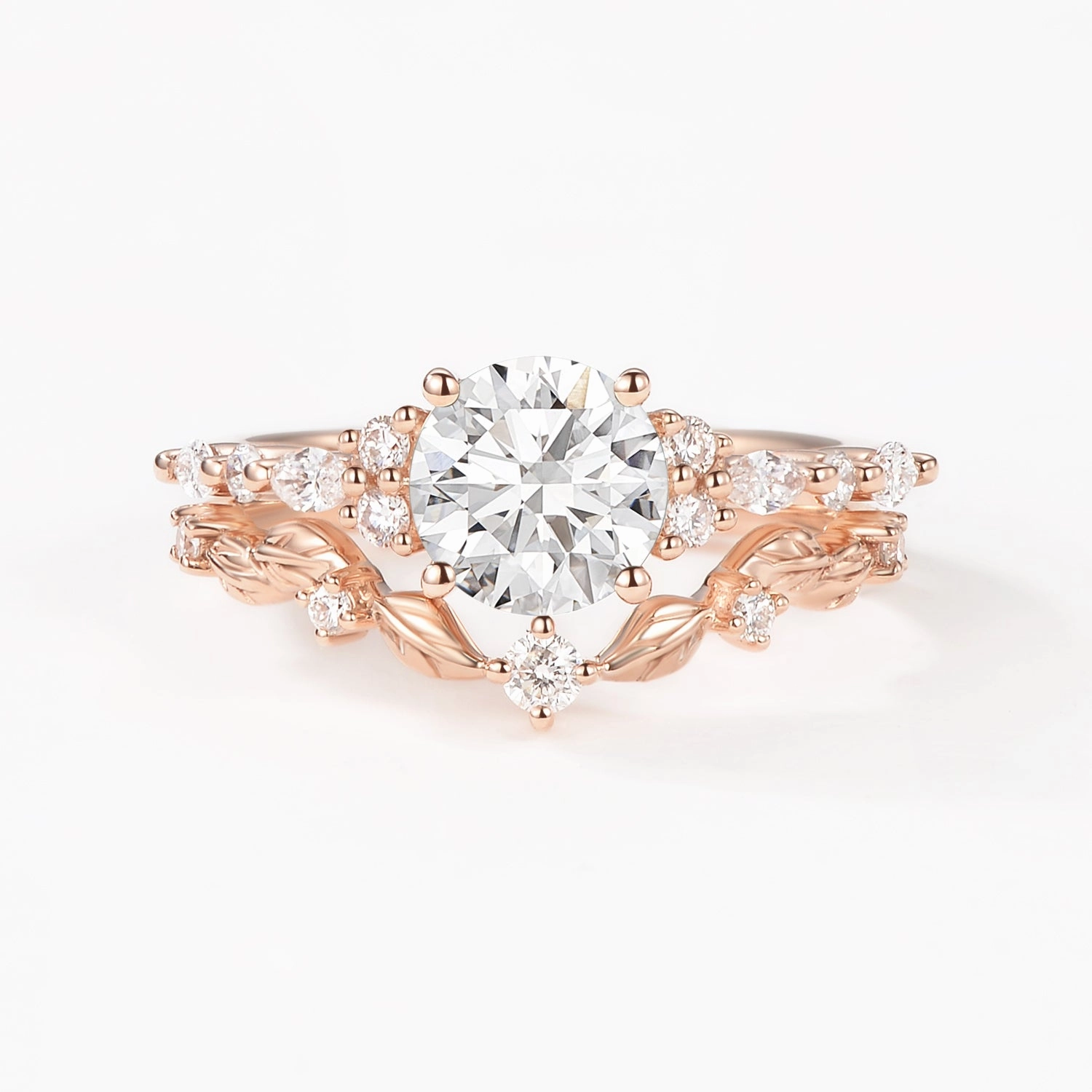 Glam Light Round Shaped Lab Grown Diamond Leafy Ring Set 2pcs - Bryony