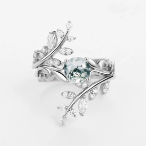 Silky Finish Round Shaped Vine Moss Agate Engagement Ring Sets 2PCS